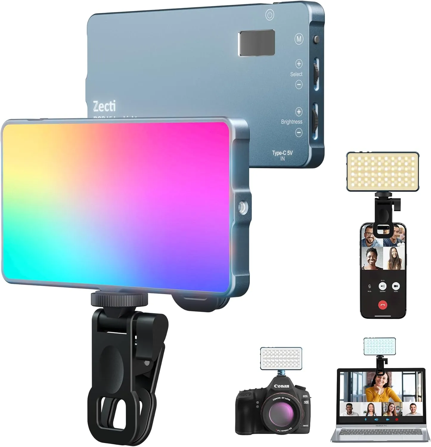 Selfie Camera Phone Light with Metal Hotshoe & Clip Rechargeable RGB Video Light for Laptops, Cameras, Selfie, Video Conference, TikTok Live Streaming, Filming