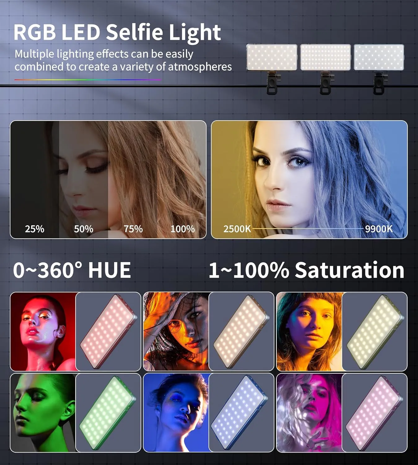 Selfie Camera Phone Light with Metal Hotshoe & Clip Rechargeable RGB Video Light for Laptops, Cameras, Selfie, Video Conference, TikTok Live Streaming, Filming
