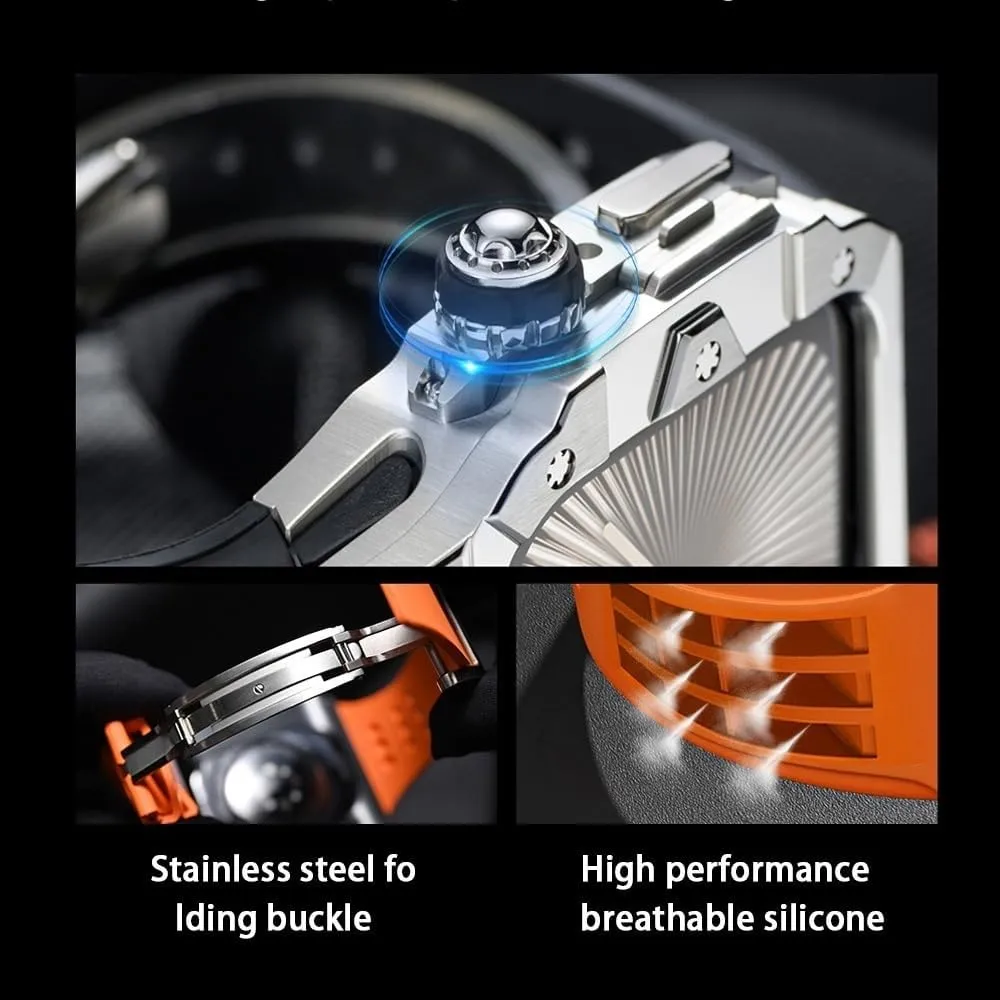 Series 10 46mm Stainless Steel Case for Apple Watch Silicone Band with Metal Folding Buckle Mod Kit for Iwatch S10 Smartwatch Accessories for Men(RGB)