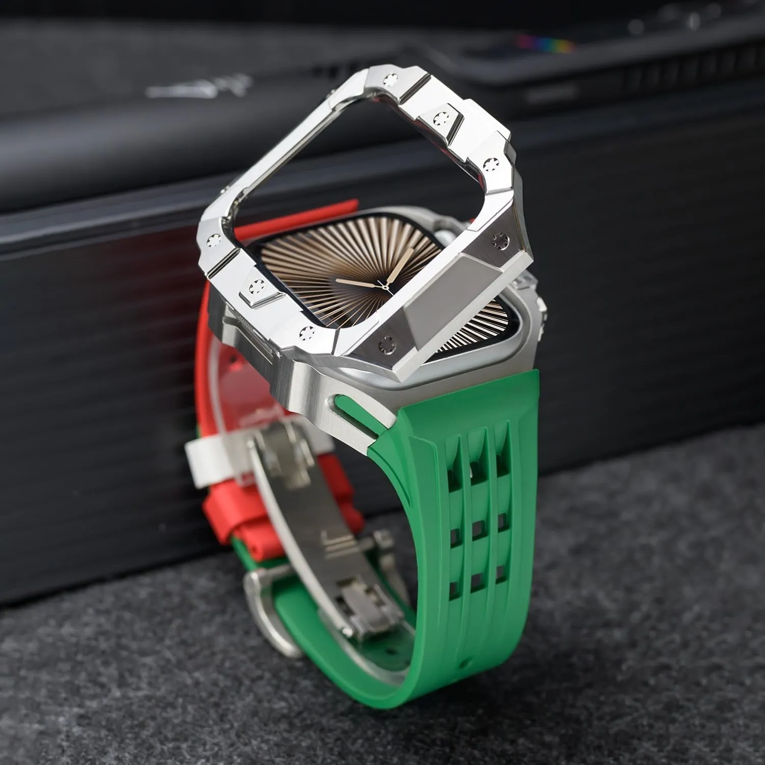 Series 10 46mm Stainless Steel Case for Apple Watch Silicone Band with Metal Folding Buckle Mod Kit for Iwatch S10 Smartwatch Accessories for Men(RGB)