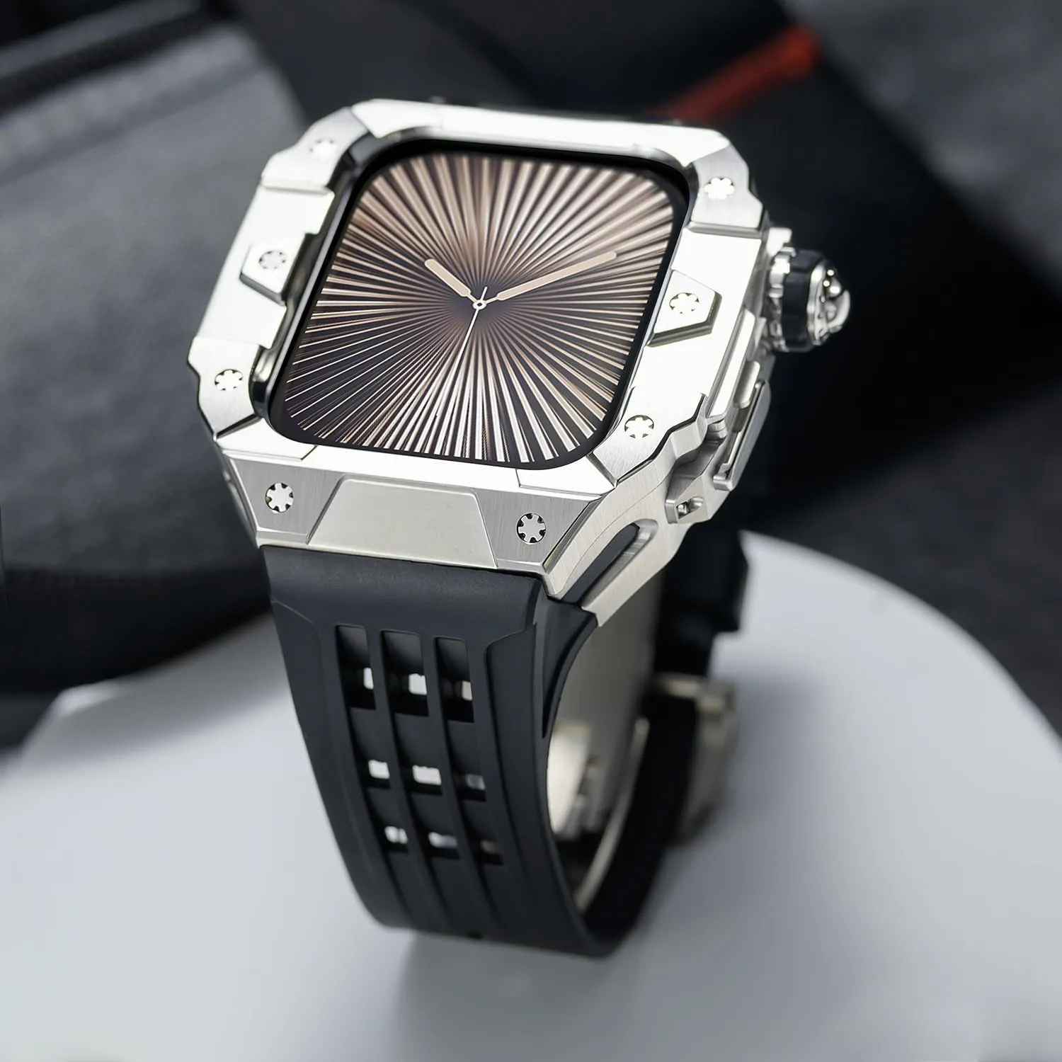 Series 10 46mm Stainless Steel Case for Apple Watch Silicone Band with Metal Folding Buckle Mod Kit for Iwatch S10 Smartwatch Accessories for Men(RGB)
