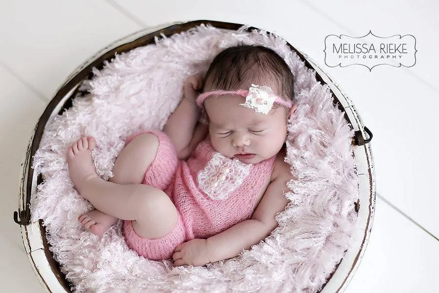 SET Beige Mohair Overalls Pants and Lace Pearl Headband