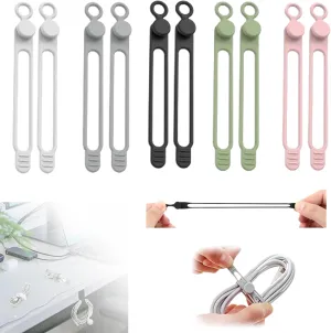 Silicone Cable Ties, Data Cable Organizer Reusable Cable Management Organizer, Multipurpose Elastic Cord Organizer for Bundling and Fastening Cable Cords Wires for Travel/Office/Home (5Color, 10Pack)