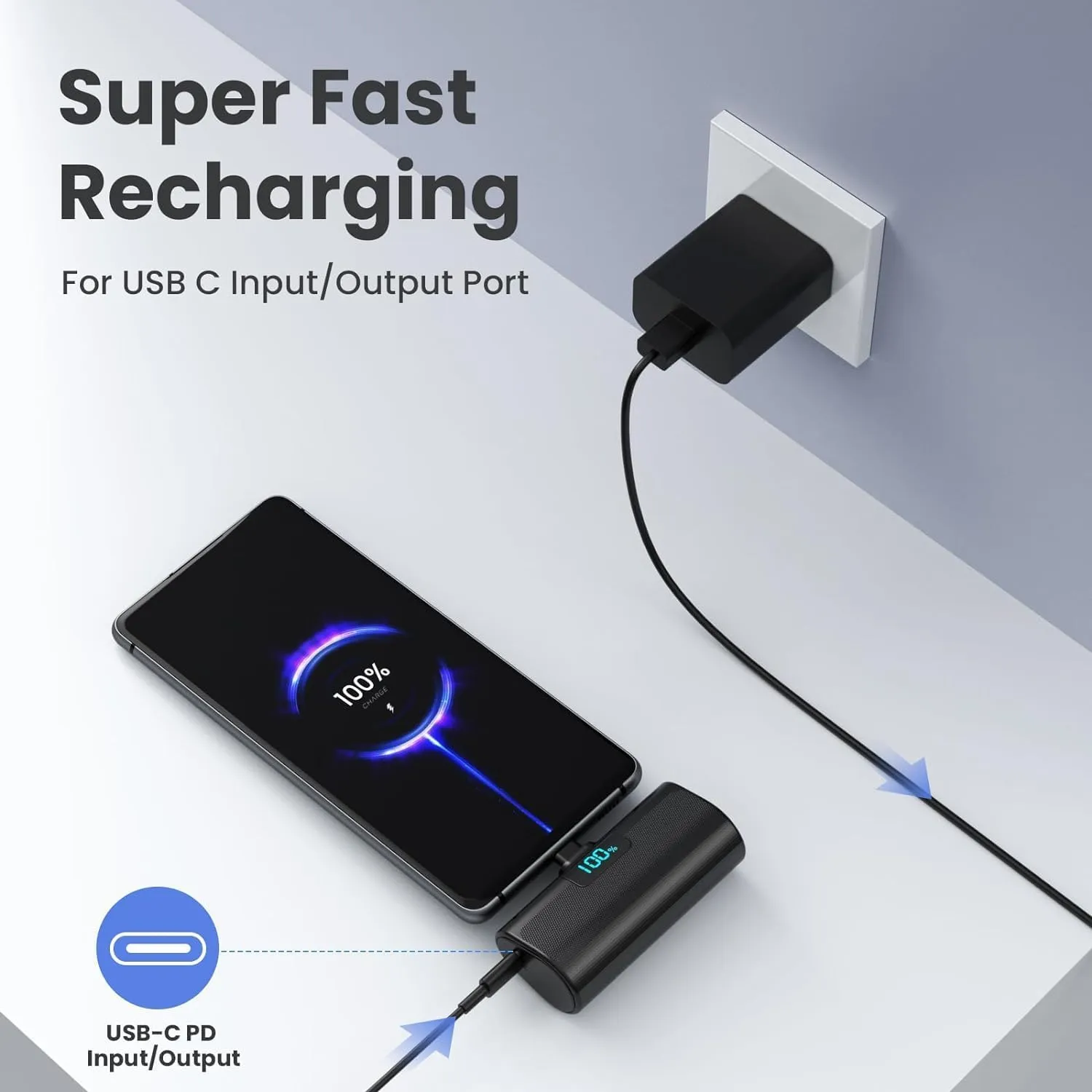 Small Portable Charger 5200mAh,Upgraded PD USB C Power Bank Built-in USB-C Connector,LCD Display Battery Pack,Compatible with iPhone 16/15/15 Plus/15 Pro/15 Pro Max/iPad/Samsung Android Phone etc