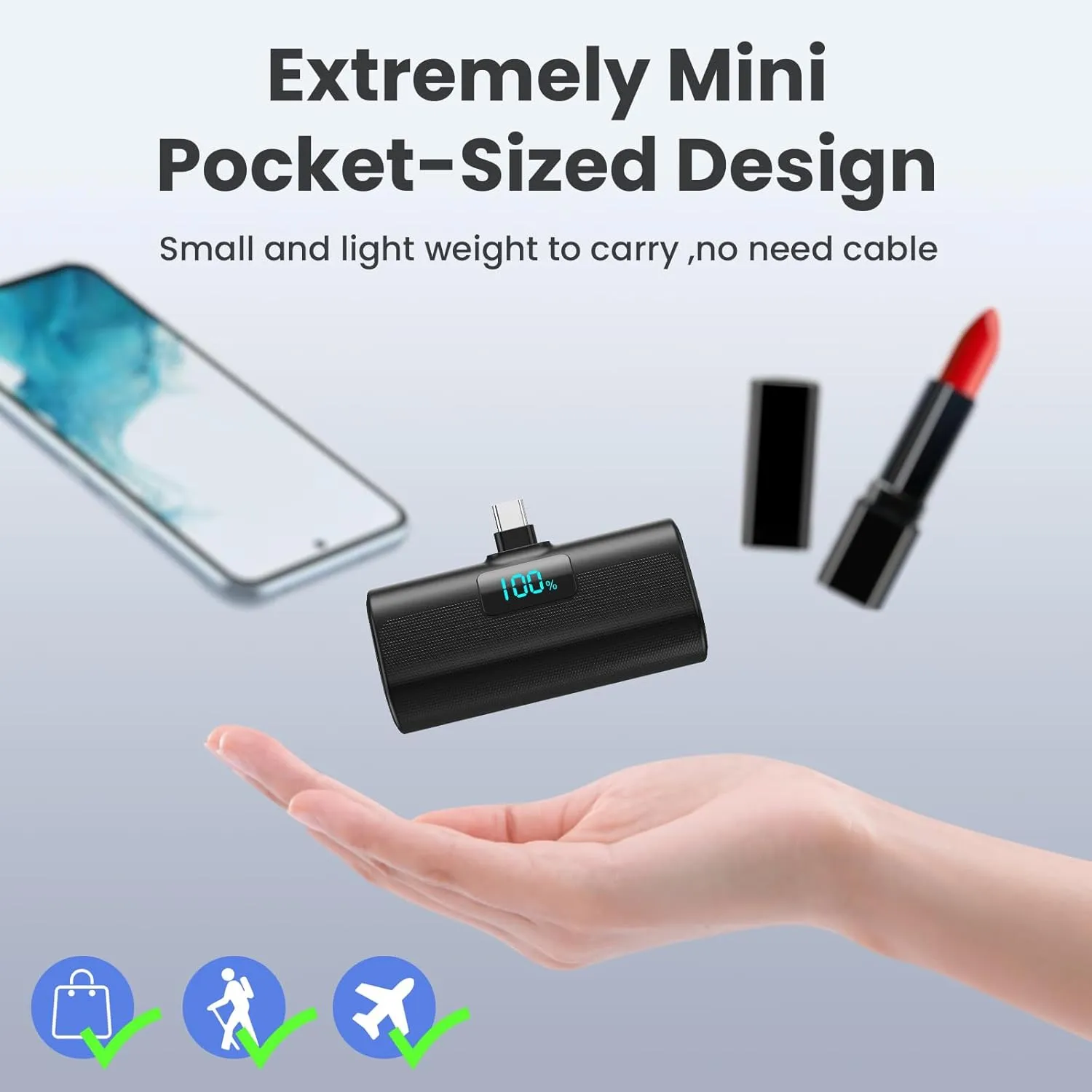 Small Portable Charger 5200mAh,Upgraded PD USB C Power Bank Built-in USB-C Connector,LCD Display Battery Pack,Compatible with iPhone 16/15/15 Plus/15 Pro/15 Pro Max/iPad/Samsung Android Phone etc