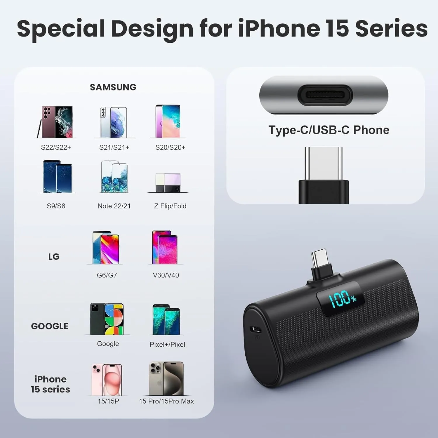 Small Portable Charger 5200mAh,Upgraded PD USB C Power Bank Built-in USB-C Connector,LCD Display Battery Pack,Compatible with iPhone 16/15/15 Plus/15 Pro/15 Pro Max/iPad/Samsung Android Phone etc