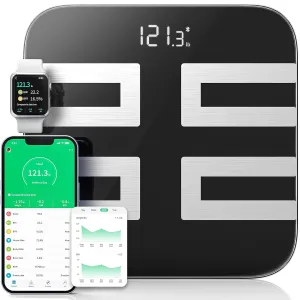 Smart Scale for Body Weight, Digital Bathroom Scale LED Display, BMI, Body Fat, Muscle Mass 18 Body Composition Monitor Health Analyzer Sync Apps, High Accuracy, Save Space, 396lbs (Black)