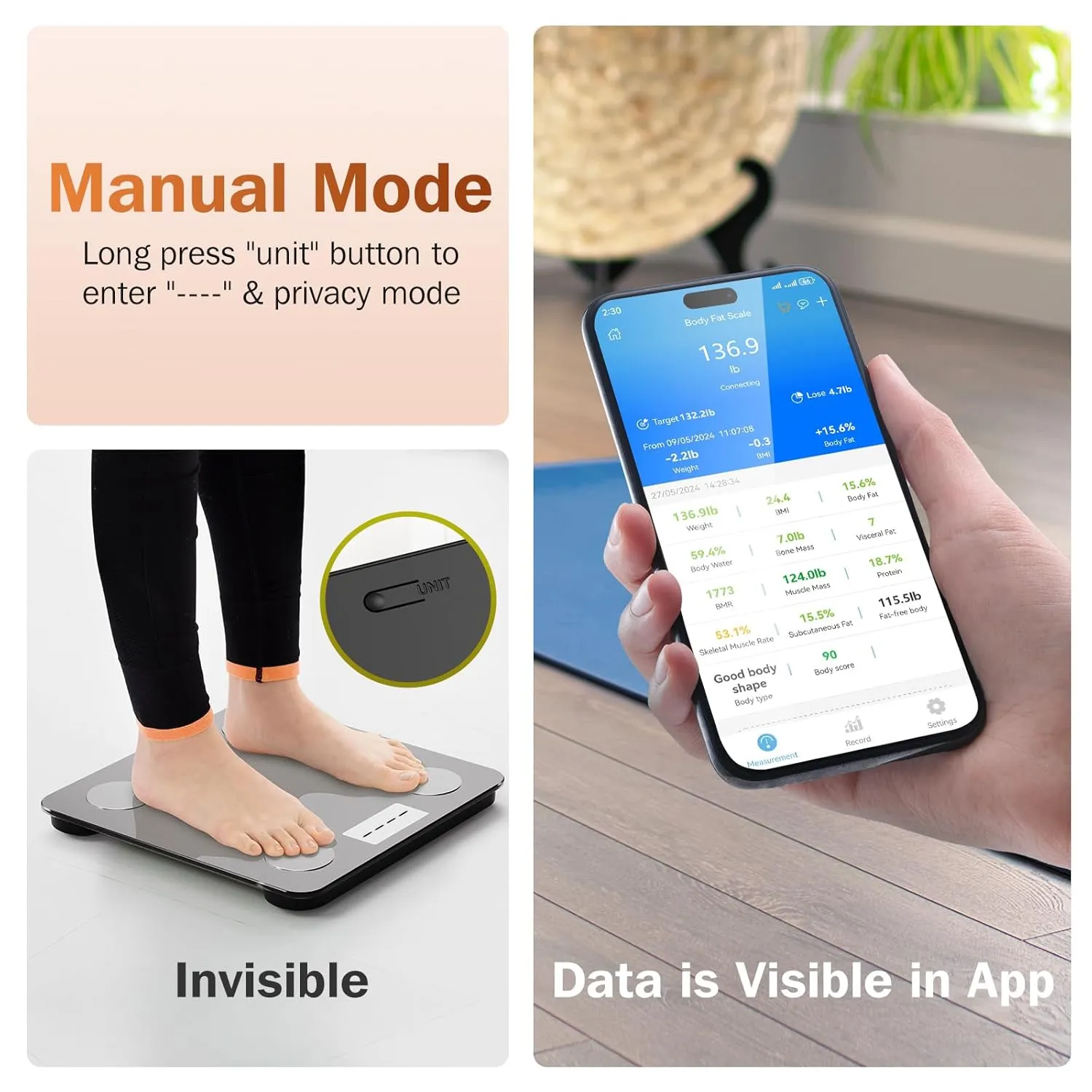Smart Scale with BMI Body Fat Muscle Mass Bluetooth Digital Privacy Bathroom Scale for Body Weight Weighing Machine for People with App, Anti-Peeking Screen Invisible Outside 6Ft
