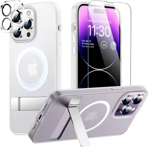 SPIDERCASE Magnetic for iPhone 14 Pro Case, [10FT Military Grade Drop Protection][2 Pcs Tempered Glass Screen Protector & Camera Lens Protector]with Invisible Stand Shockproof Slim Case -Frosted Clear