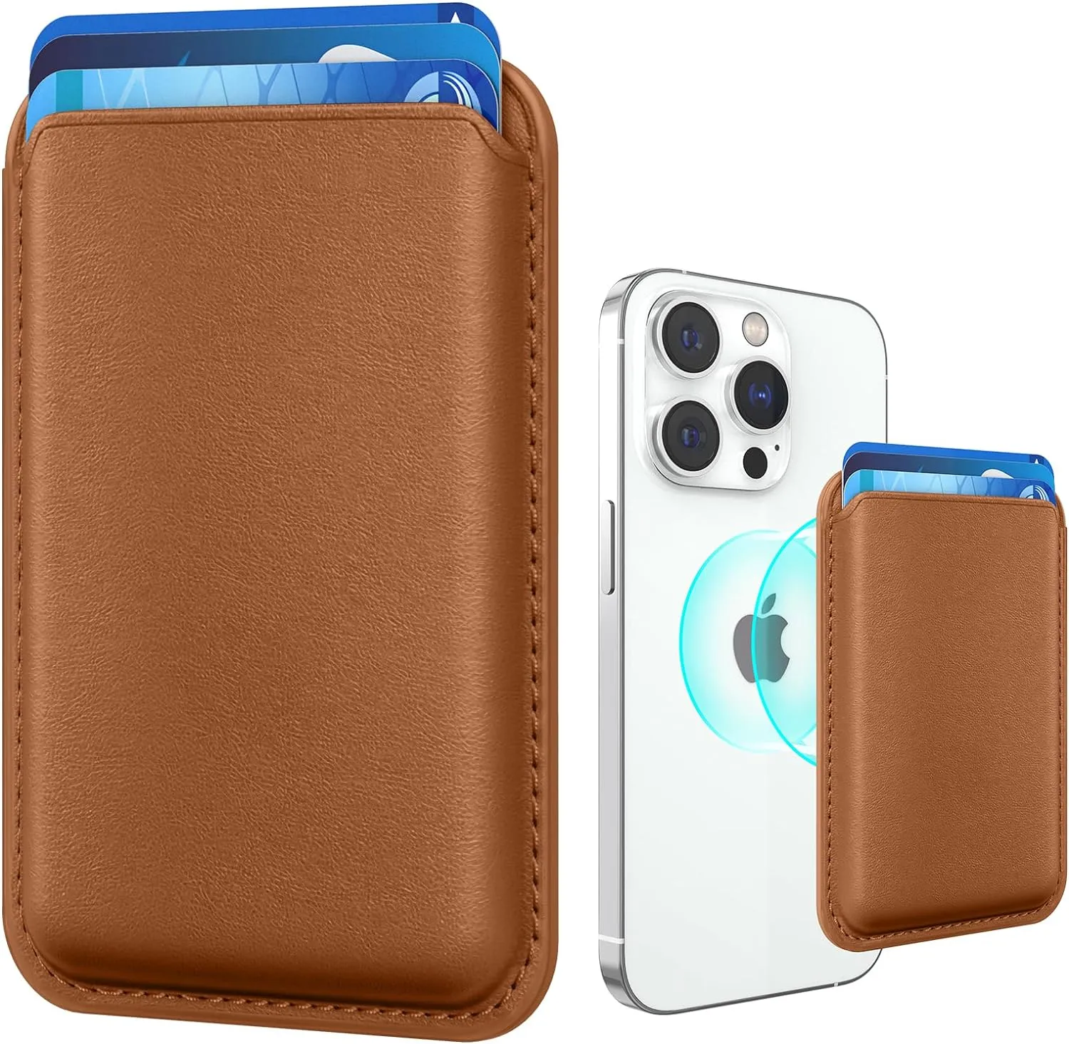 Stronger Magnetic RFID Leather Mag-Safe Card Holder for iPhone 15 Series, Mag-Safe Accessories Stick on Series of iPhone 14/13/12 and Pro/Promax, Brown