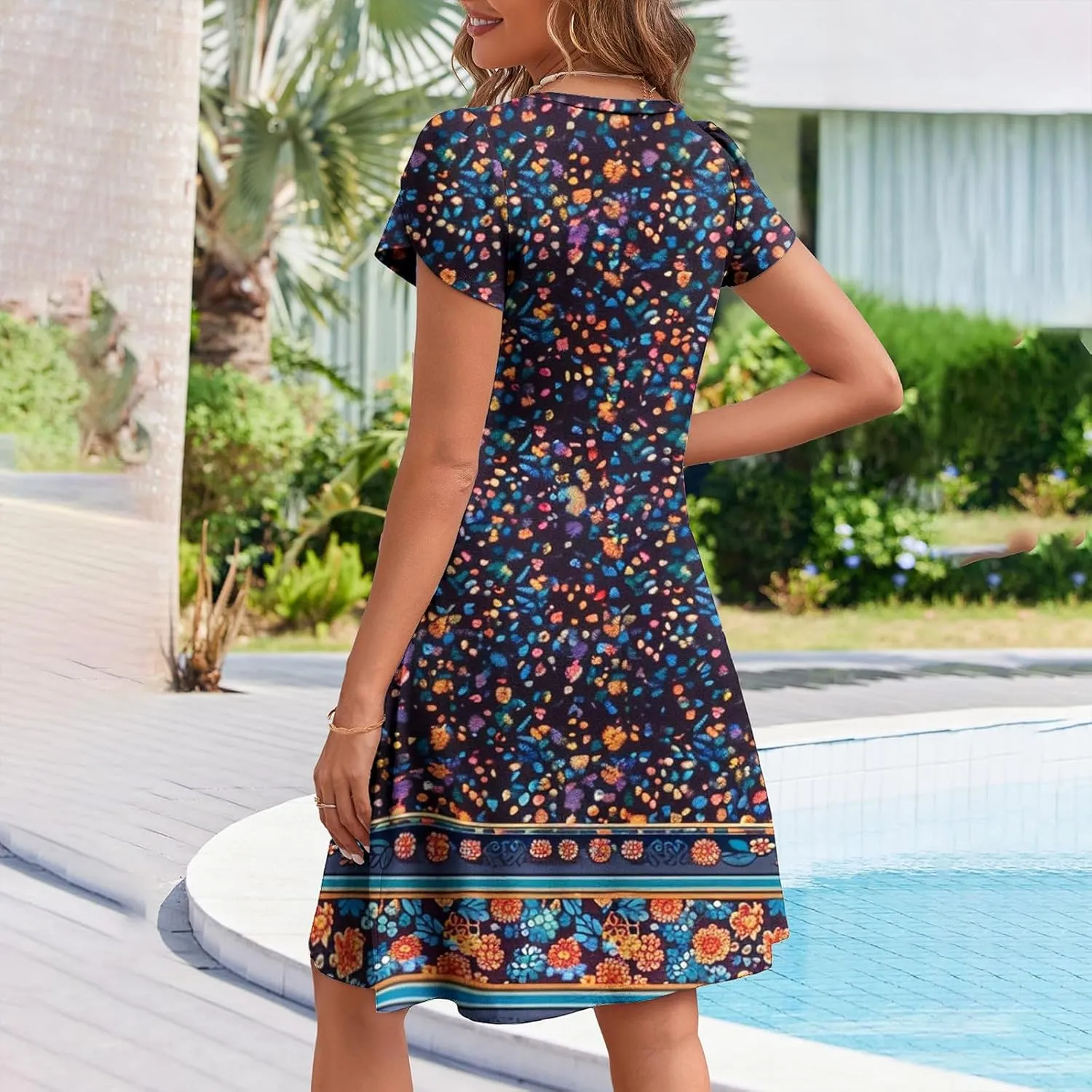 Summer Dresses for Women Vintage Floral Print V Neck Dress Boho Beach Sundress Loose Casual Midi Dress