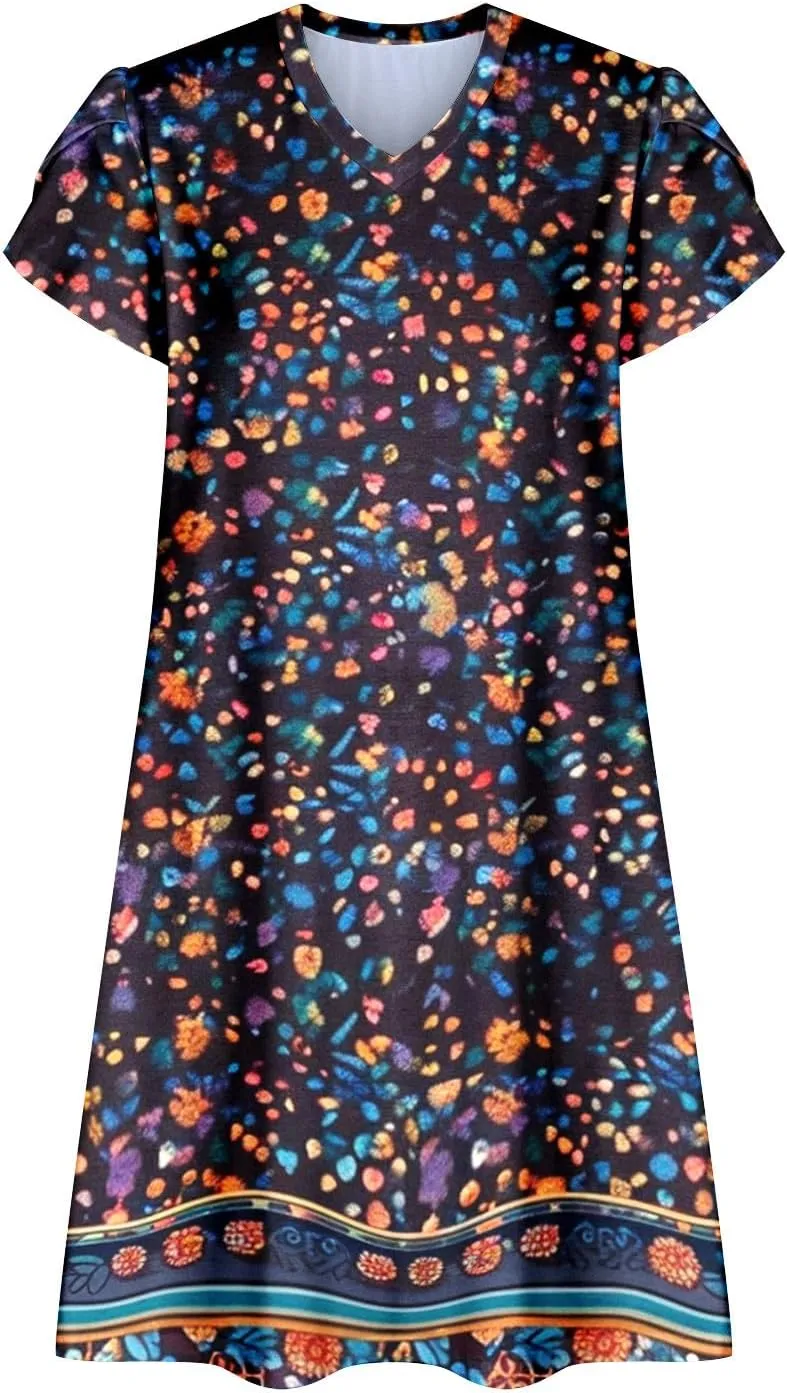 Summer Dresses for Women Vintage Floral Print V Neck Dress Boho Beach Sundress Loose Casual Midi Dress