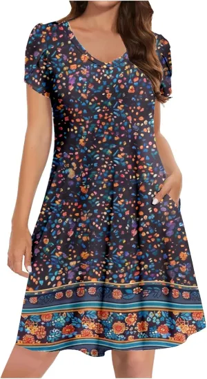 Summer Dresses for Women Vintage Floral Print V Neck Dress Boho Beach Sundress Loose Casual Midi Dress