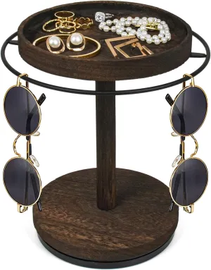 Sunglasses Organizer 360 Rotating Eyeglass Holder Stand with Wood Tray and Base, Eye Glass Display Rack for Multiple Sunglass Storage for Table Dresser Nightstand Desk