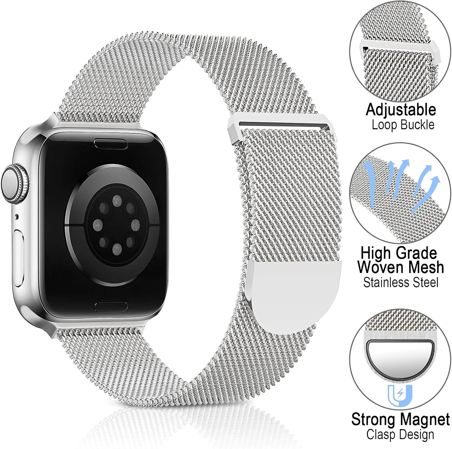 Sunnywoo Milanese Mesh Loop Compatible with Apple Watch Bands 42mm 44mm 45mm 46mm 49mm 38mm 40mm 41mm for Men Women, Stainless Steel Mesh strap for iWatch Series 10 9 8 7 6 SE 5 4 3 2 1 Ultra