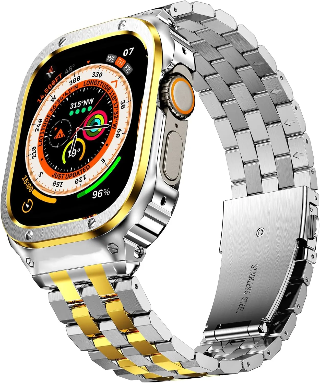 SUPLINK Stainless Steel Case and Band Compatible with Apple Watch Ultra 2/1 49mm Bands, Metal Rugged Protector Cover Adjustable Wristband for iWatch Bands Men (Silver/Gold)