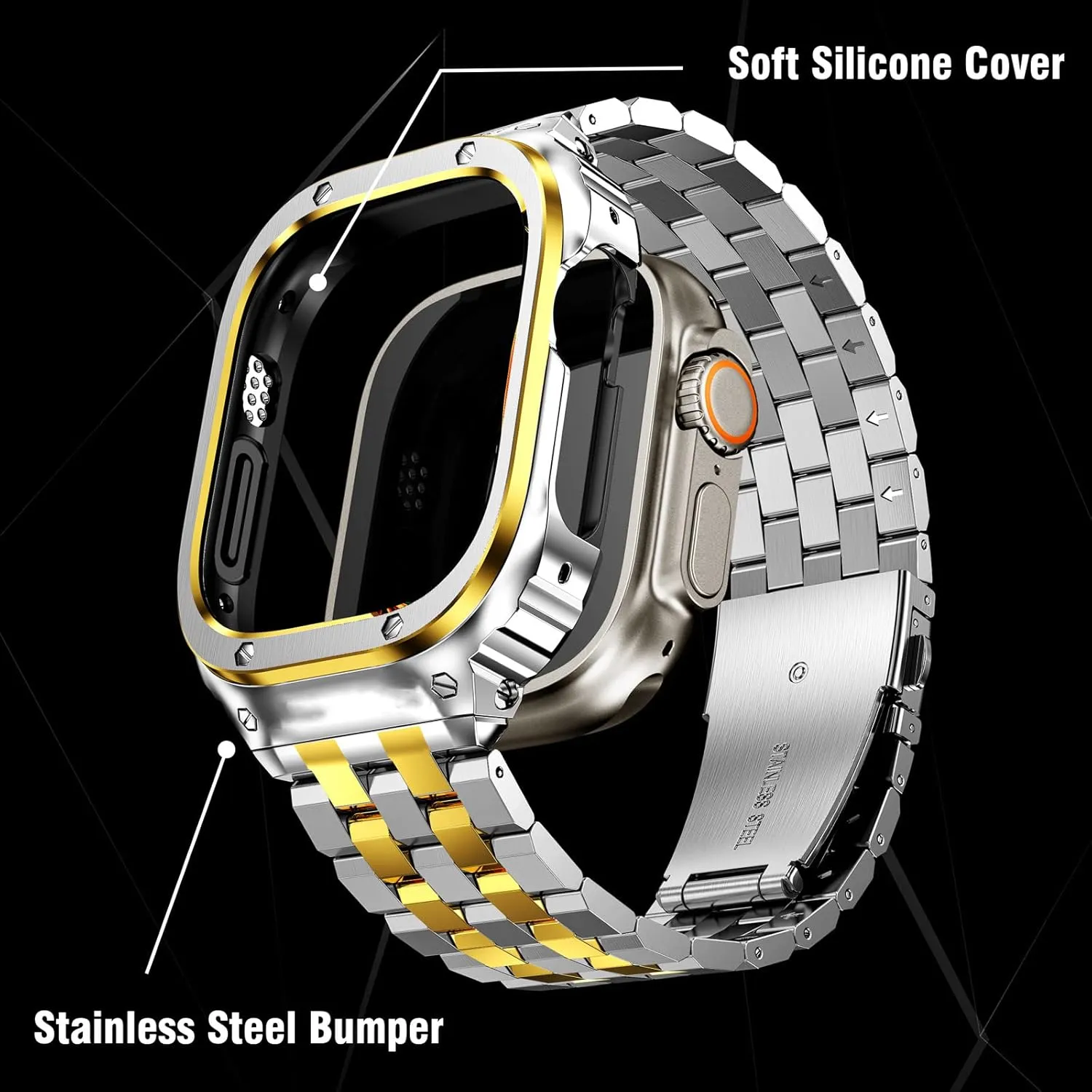 SUPLINK Stainless Steel Case and Band Compatible with Apple Watch Ultra 2/1 49mm Bands, Metal Rugged Protector Cover Adjustable Wristband for iWatch Bands Men (Silver/Gold)