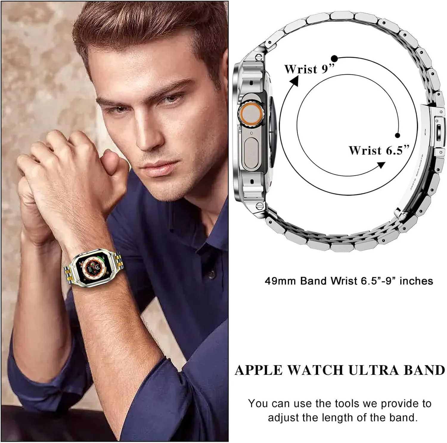 SUPLINK Stainless Steel Case and Band Compatible with Apple Watch Ultra 2/1 49mm Bands, Metal Rugged Protector Cover Adjustable Wristband for iWatch Bands Men (Silver/Gold)