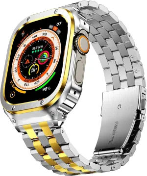 SUPLINK Stainless Steel Case and Band Compatible with Apple Watch Ultra 2/1 49mm Bands, Metal Rugged Protector Cover Adjustable Wristband for iWatch Bands Men (Silver/Gold)