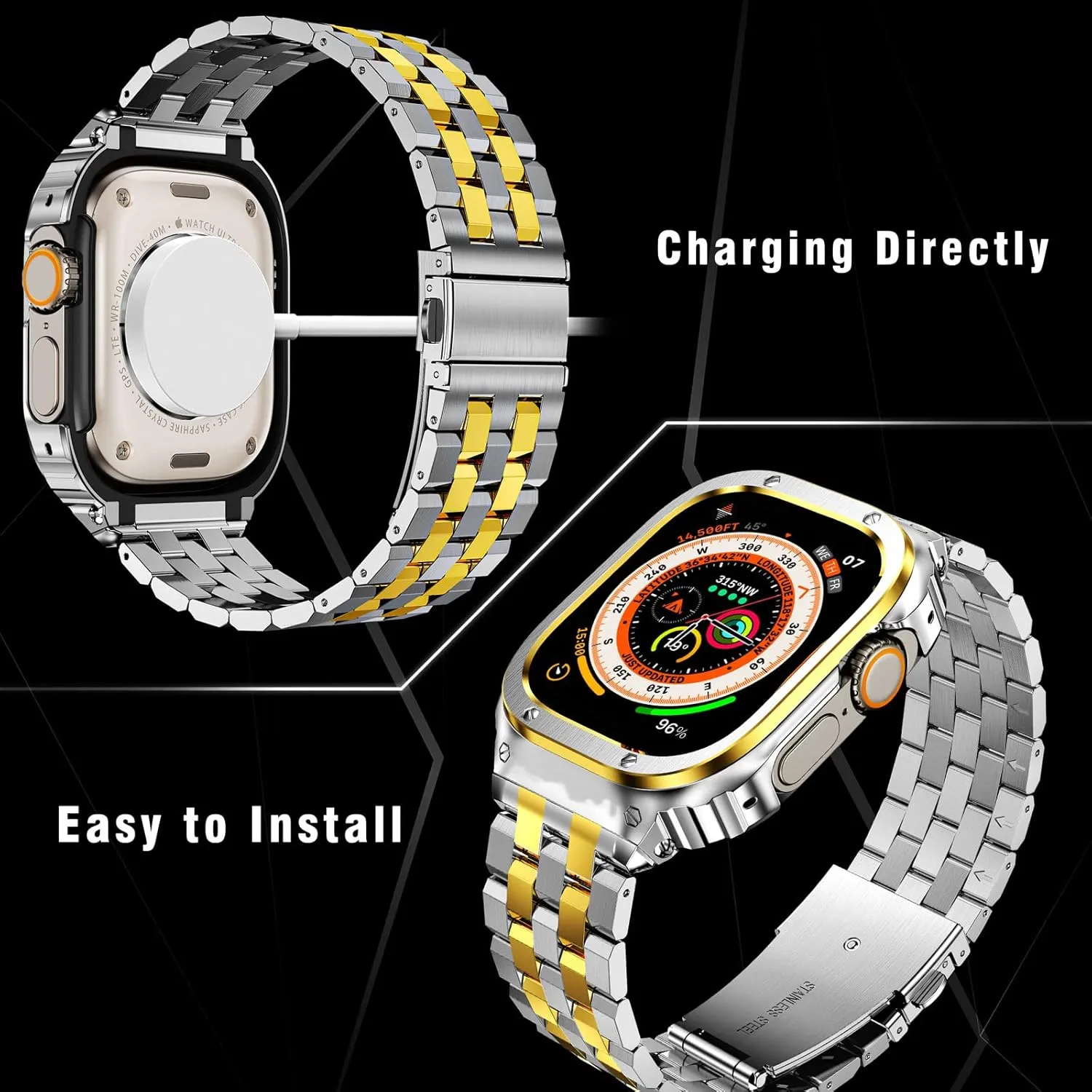 SUPLINK Stainless Steel Case and Band Compatible with Apple Watch Ultra 2/1 49mm Bands, Metal Rugged Protector Cover Adjustable Wristband for iWatch Bands Men (Silver/Gold)