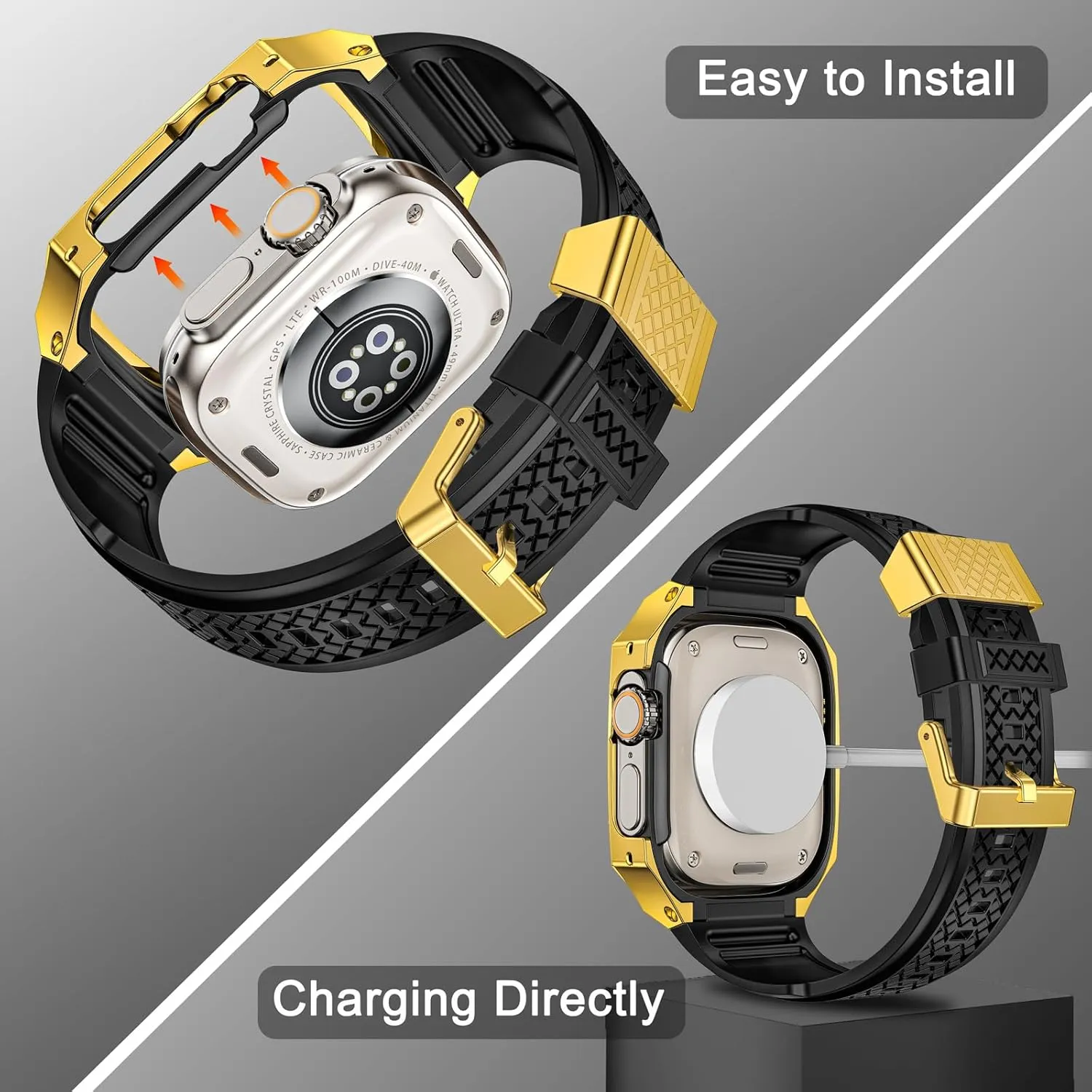SUPLINK Stainless Steel Case with Silicone Band Compatible with Apple Watch Ultra Bands/Apple Watch Ultra 2 Bands 49mm, Metal Rugged Protector Cover for iWatch Band Men Gold
