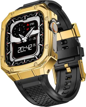 SUPLINK Stainless Steel Case with Silicone Band Compatible with Apple Watch Ultra Bands/Apple Watch Ultra 2 Bands 49mm, Metal Rugged Protector Cover for iWatch Band Men Gold