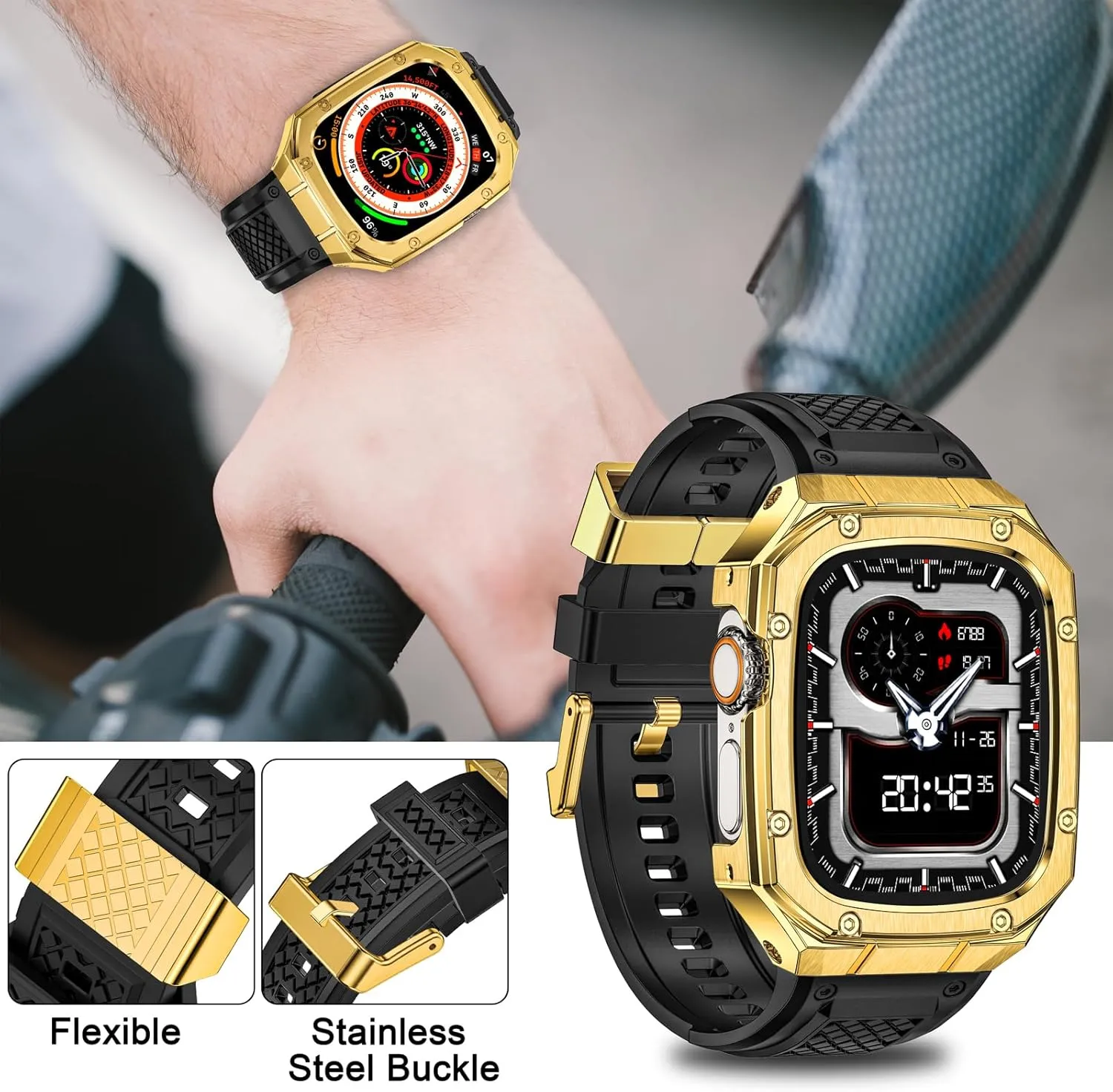 SUPLINK Stainless Steel Case with Silicone Band Compatible with Apple Watch Ultra Bands/Apple Watch Ultra 2 Bands 49mm, Metal Rugged Protector Cover for iWatch Band Men Gold