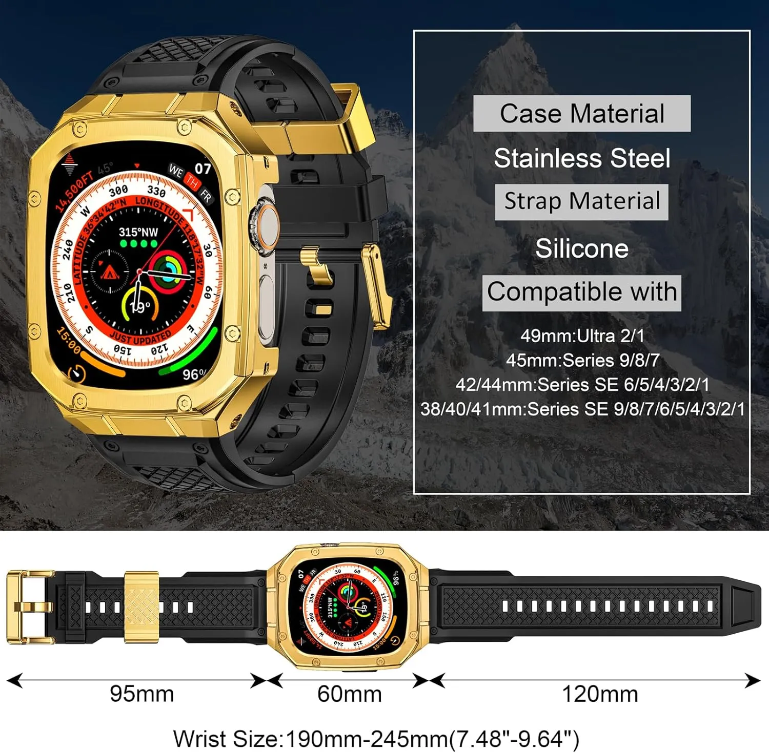 SUPLINK Stainless Steel Case with Silicone Band Compatible with Apple Watch Ultra Bands/Apple Watch Ultra 2 Bands 49mm, Metal Rugged Protector Cover for iWatch Band Men Gold