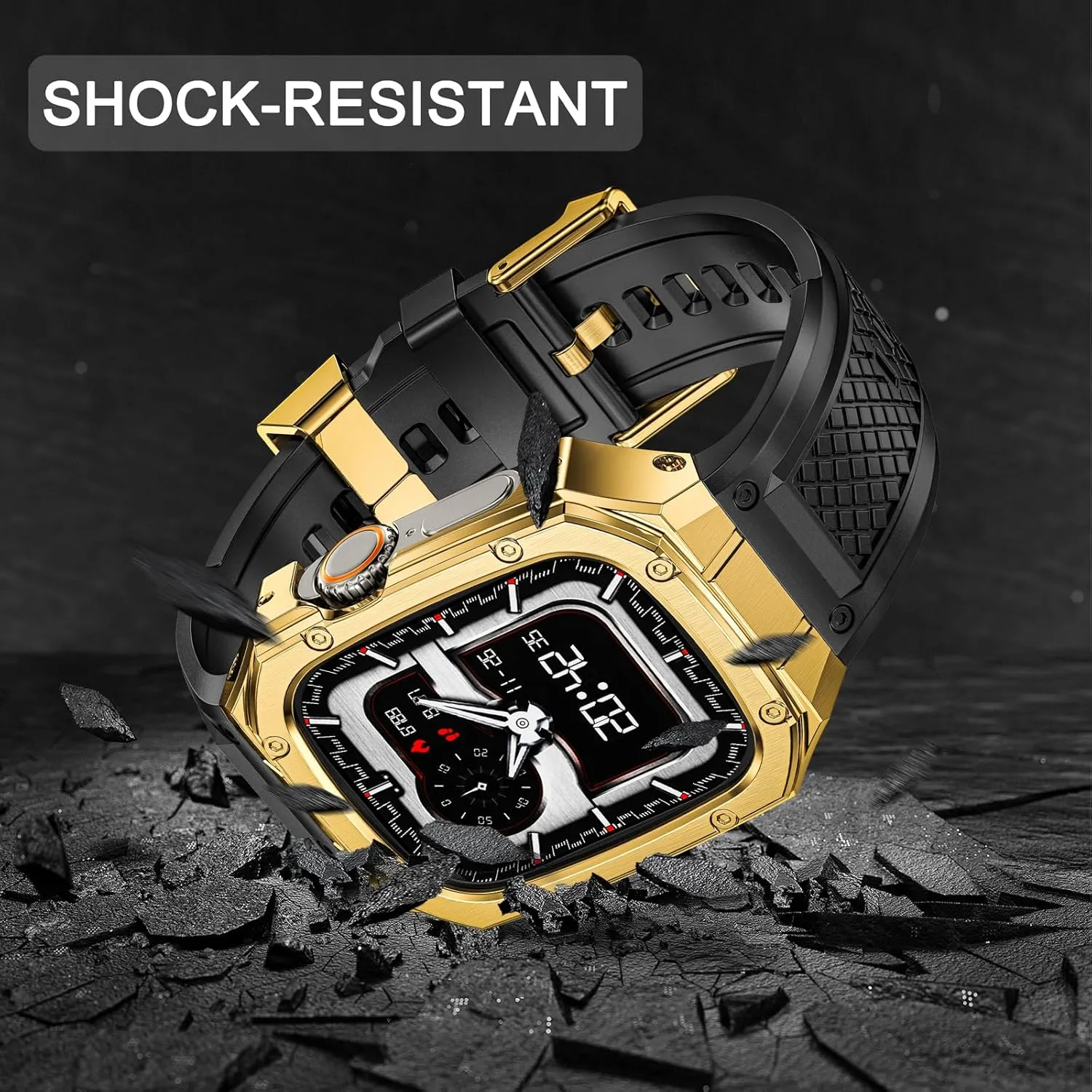 SUPLINK Stainless Steel Case with Silicone Band Compatible with Apple Watch Ultra Bands/Apple Watch Ultra 2 Bands 49mm, Metal Rugged Protector Cover for iWatch Band Men Gold