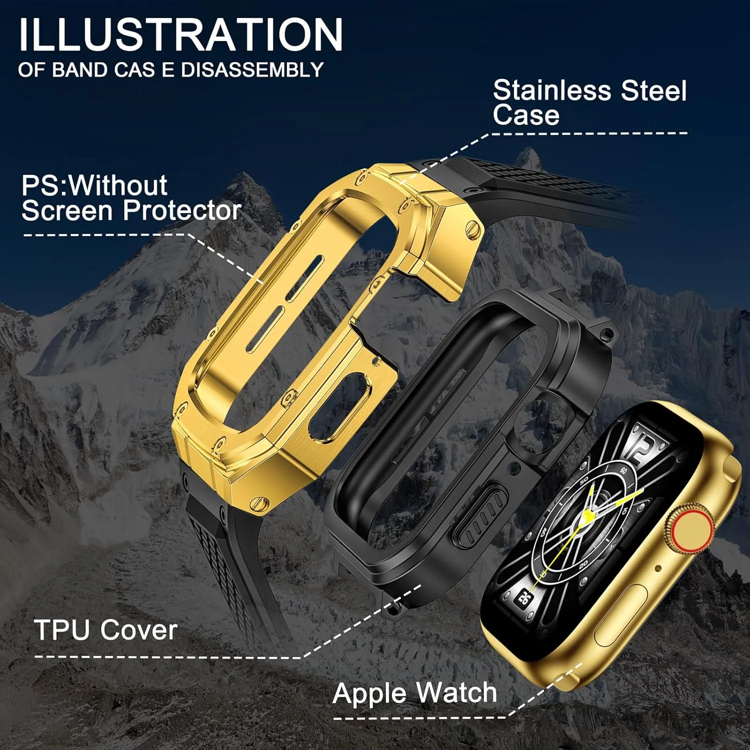 SUPLINK Stainless Steel Case with Silicone Band Compatible with Apple Watch Ultra Bands/Apple Watch Ultra 2 Bands 49mm, Metal Rugged Protector Cover for iWatch Band Men Gold