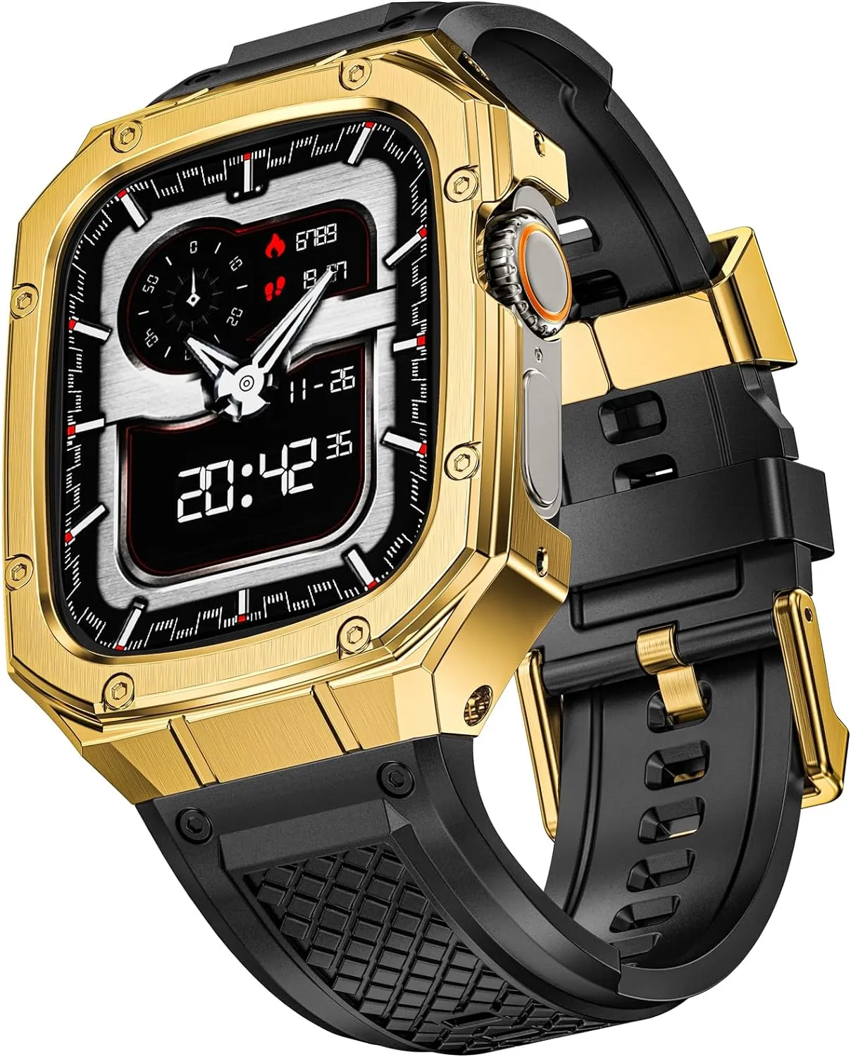 SUPLINK Stainless Steel Case with Silicone Band Compatible with Apple Watch Ultra Bands/Apple Watch Ultra 2 Bands 49mm, Metal Rugged Protector Cover for iWatch Band Men Gold