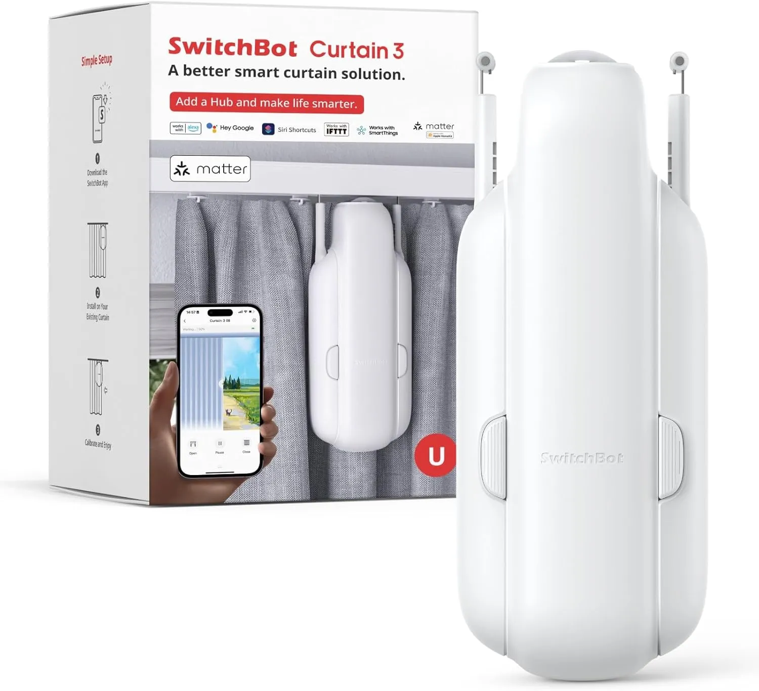 SwitchBot Automatic Curtain Opener - Bluetooth Remote Control Smart Curtain with App, Upgraded High-Performance Motor, Add SwitchBot Hub to Work with Alexa, Google Home, HomeKit (Curtain 3, U Rail)