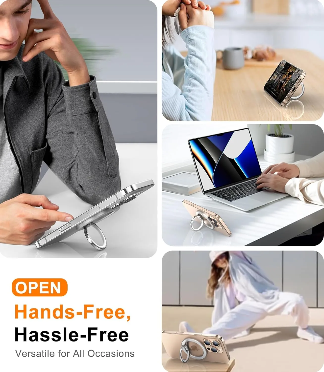 Temdan Magnetic Phone Ring Holder for MagSafe, Magnetic Pop Socket Cell Phone Grip Stand Finger Ring Kickstand Two-Sided Magnetic Fit for iPhone 16 Pro Max 15 14 13 12 Mag-Safe Accessories-Silver