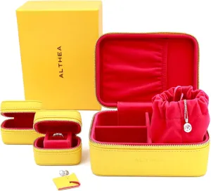 Travel Jewelry Case with 3 boxes for Earrings, Rings, Bracelets  Compact Organizer Box, Gift, Medium Size Storage Box, Premium Vegan Leather Ring Holder, Travel essentials, Barbie Edition|Yellow