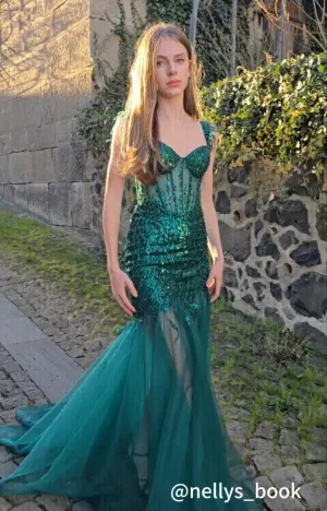 Tulle Mermaid Off-Shoulder Sequins Embroidery Split Dress
