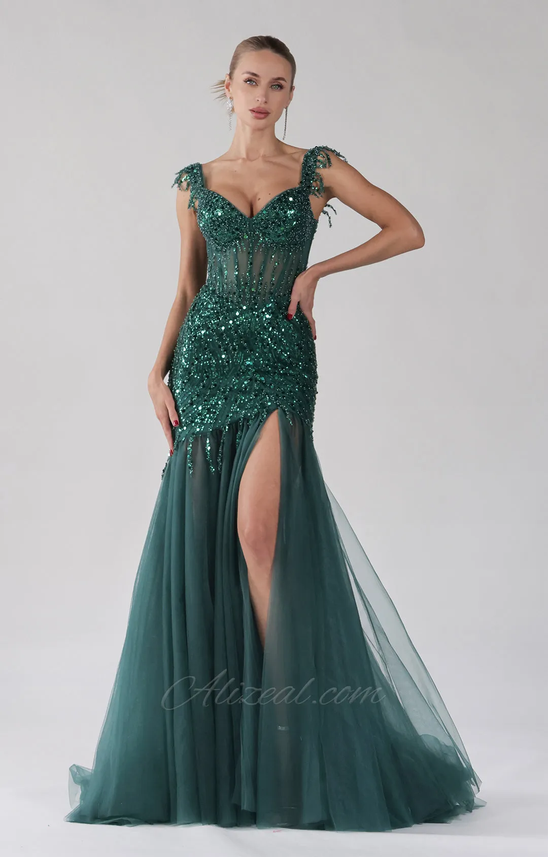 Tulle Mermaid Off-Shoulder Sequins Embroidery Split Dress