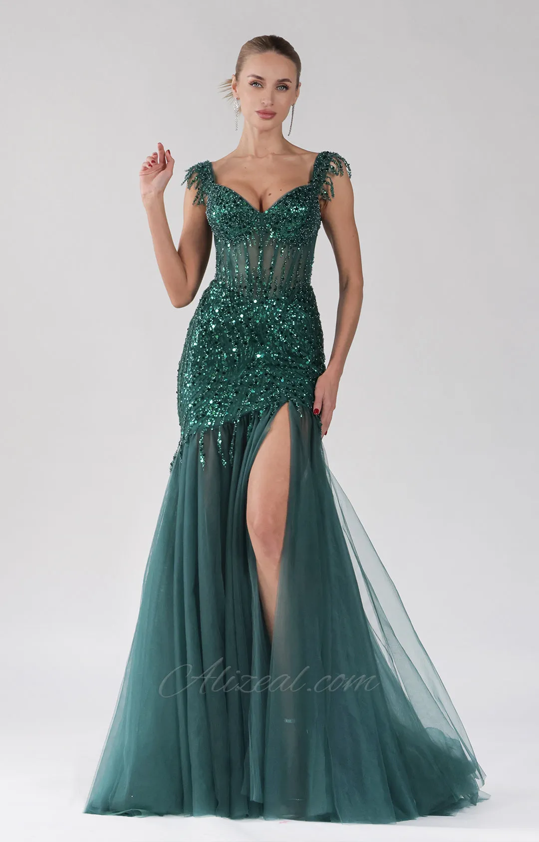 Tulle Mermaid Off-Shoulder Sequins Embroidery Split Dress