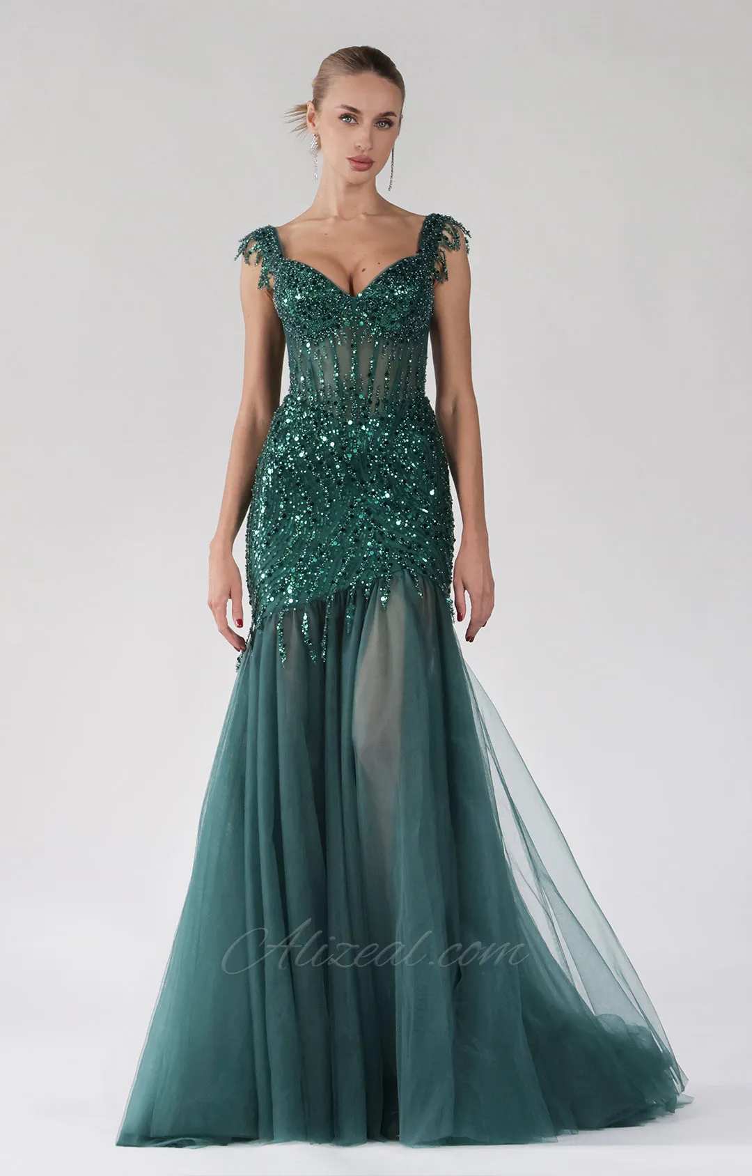 Tulle Mermaid Off-Shoulder Sequins Embroidery Split Dress
