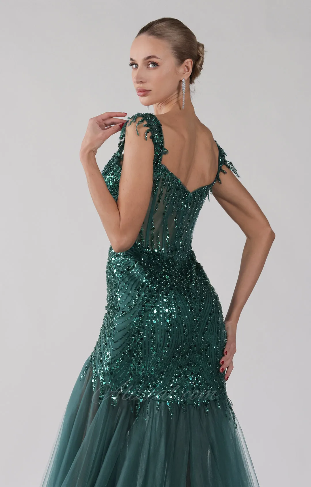 Tulle Mermaid Off-Shoulder Sequins Embroidery Split Dress