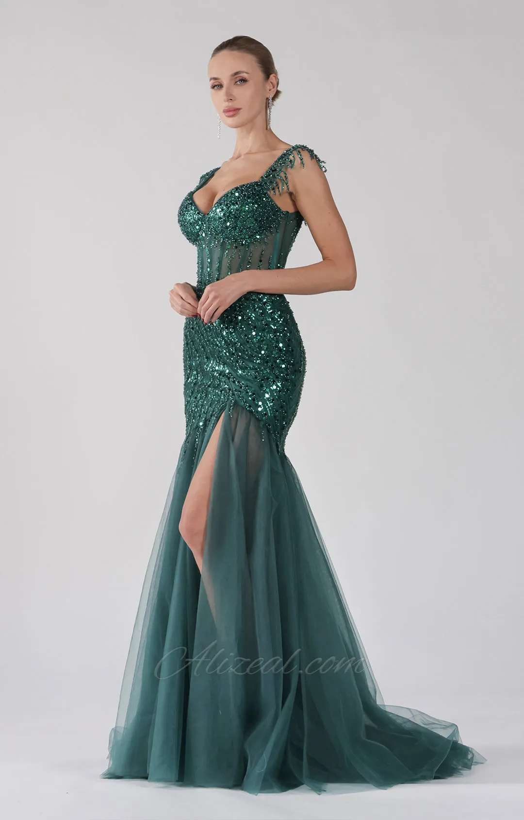 Tulle Mermaid Off-Shoulder Sequins Embroidery Split Dress