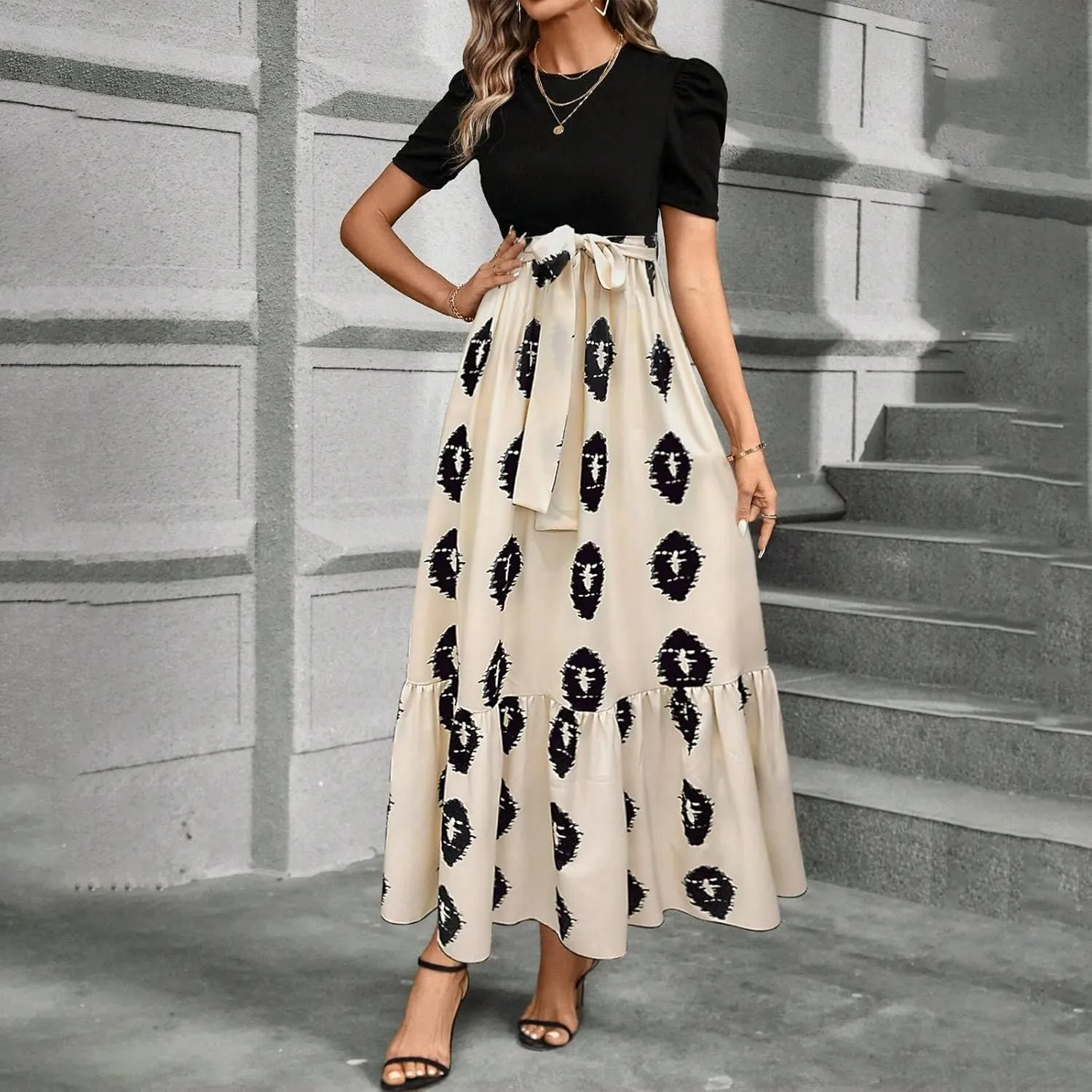 TWGONE Summer Dresses for Women Short Sleeve Casual Long Maxi Dress Floral Print Flowy Dresses with Belt