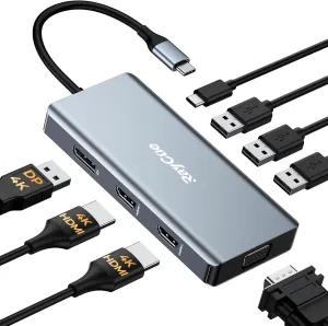 USB C Docking Station Dual Monitor Adapter, Laptop Docking Station 3 Monitors Quadruple Display USB C Hub Dongle to 4K HDMI DP VGA