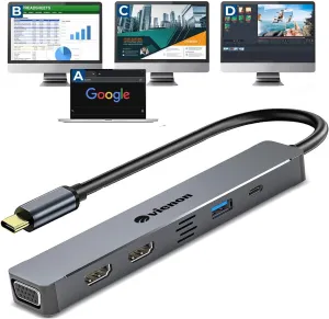 USB C Hub HDMI VGA Adapter for Triple Monitor, VIENON 5-in-1 Laptop Docking Station with Dual 4K HDMI 1080P VGA USB 3.0 PD 100W Comaptible for MacBook Pro, XPS More