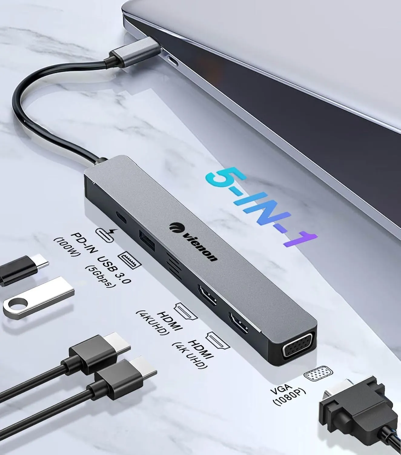 USB C Hub HDMI VGA Adapter for Triple Monitor, VIENON 5-in-1 Laptop Docking Station with Dual 4K HDMI 1080P VGA USB 3.0 PD 100W Comaptible for MacBook Pro, XPS More
