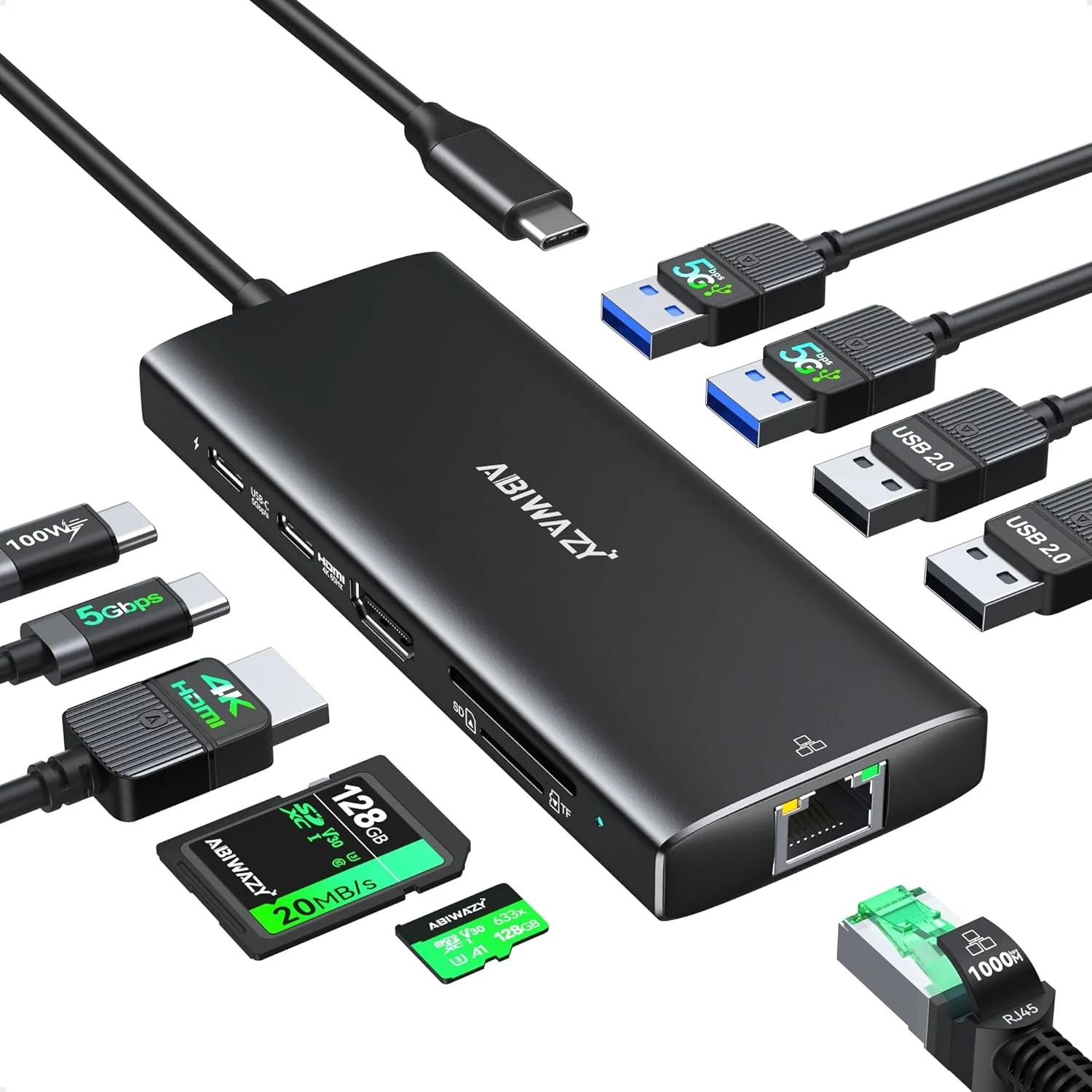 USB C Hub Multiport Adapter,10 in 1 USB C to USB HDMI Ethernet Hub USB C Dongle for MacBook Pro/Air, iPad Pro,Dell with 4K@60Hz HDMI Ethernet 4USB 1USB-C Data Port SD/TF Card Reader 100W PD (Black)