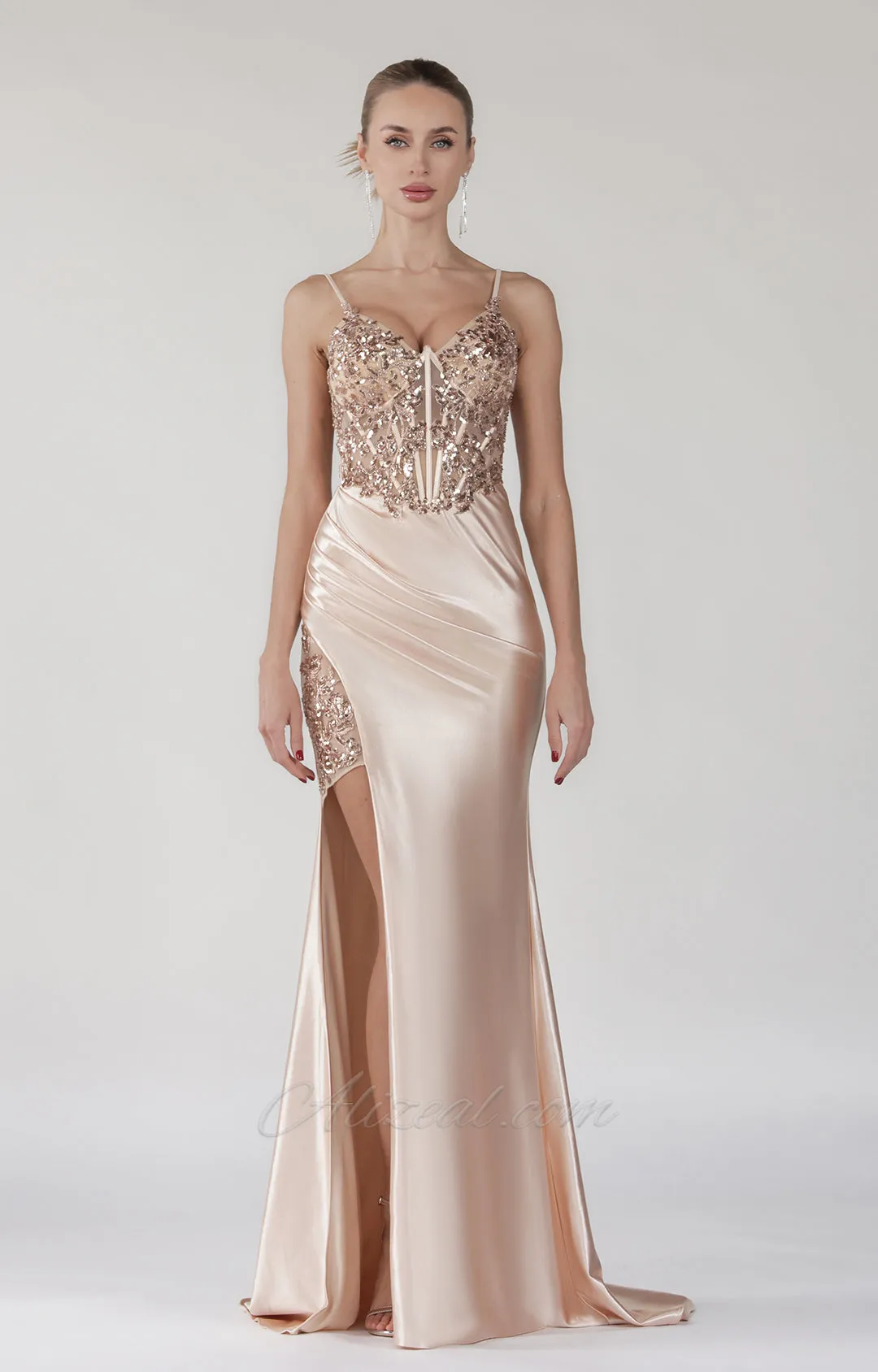 V-Neck Beaded Appliqued Lace Split Corset Prom Dress