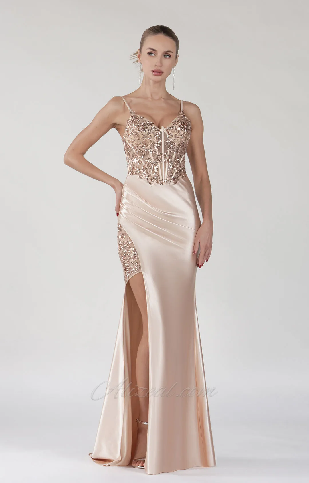 V-Neck Beaded Appliqued Lace Split Corset Prom Dress