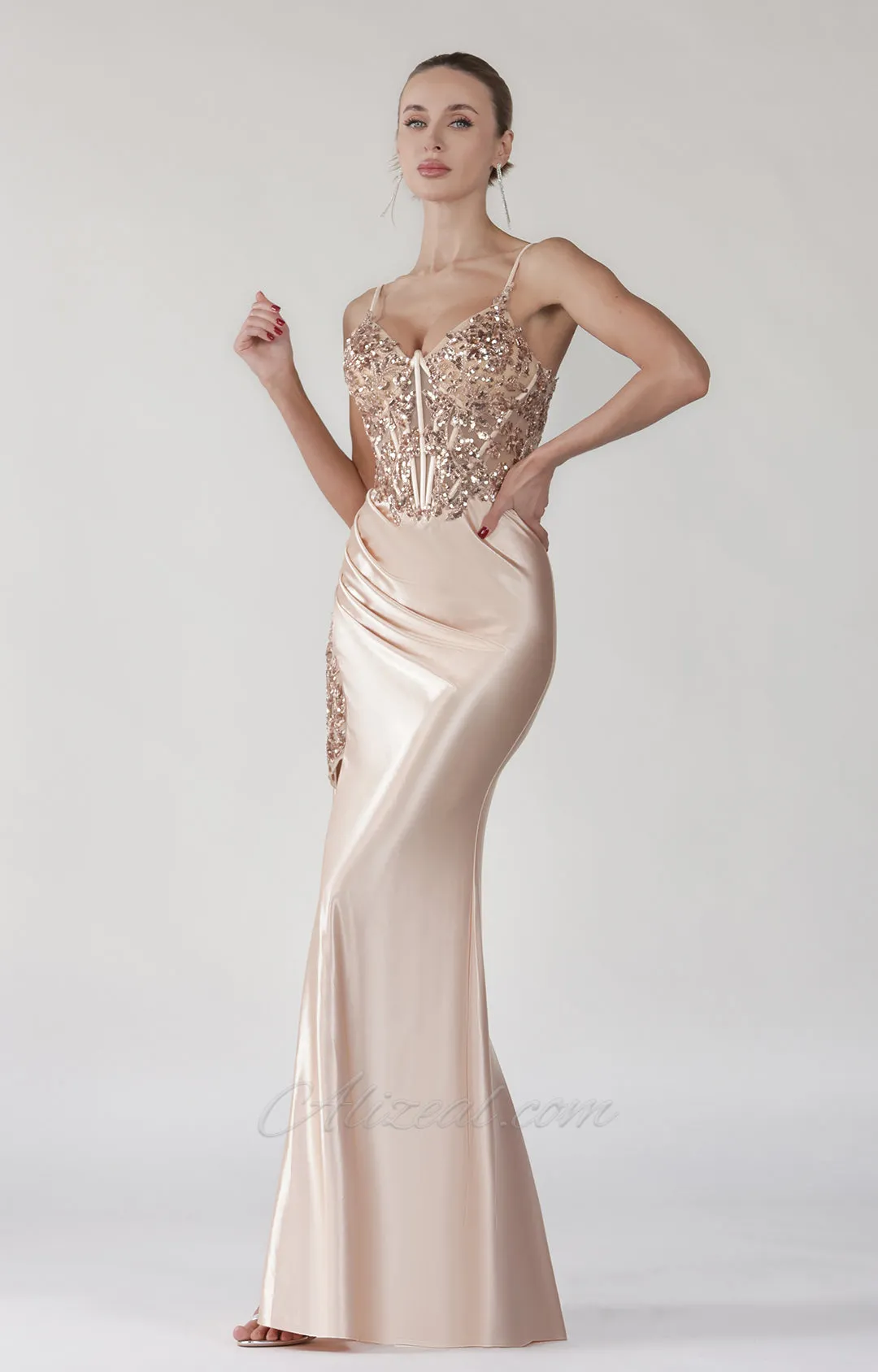 V-Neck Beaded Appliqued Lace Split Corset Prom Dress