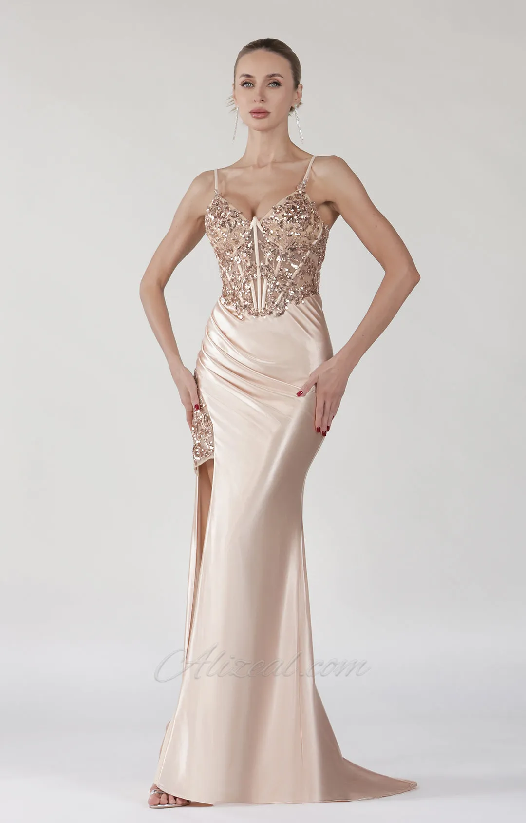 V-Neck Beaded Appliqued Lace Split Corset Prom Dress