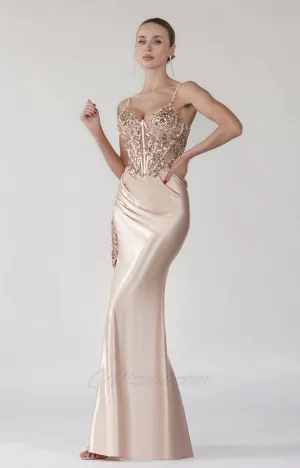 V-Neck Beaded Appliqued Lace Split Corset Prom Dress